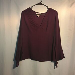 Women’s Purple Long Sleeve Blouse  – V-Neck Pleated Detail / M